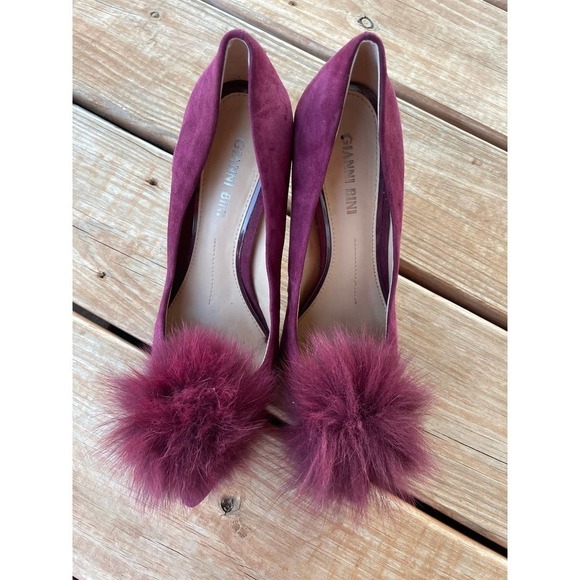 Gianni Bini Burgundy Heels For Fur Puff Pointed Toe Pumps Size 8 - Picture 9 of 10